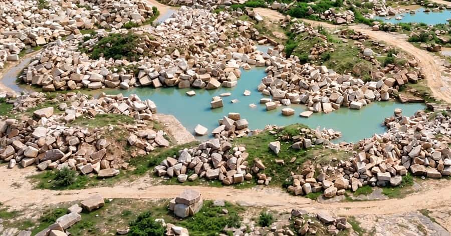 Sandstone blocks around a pit at the Sil Shakti quarry