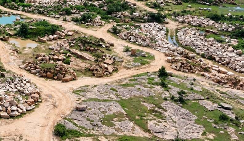 Sandstone blocks and haul roads at the Sil Shakti quarry