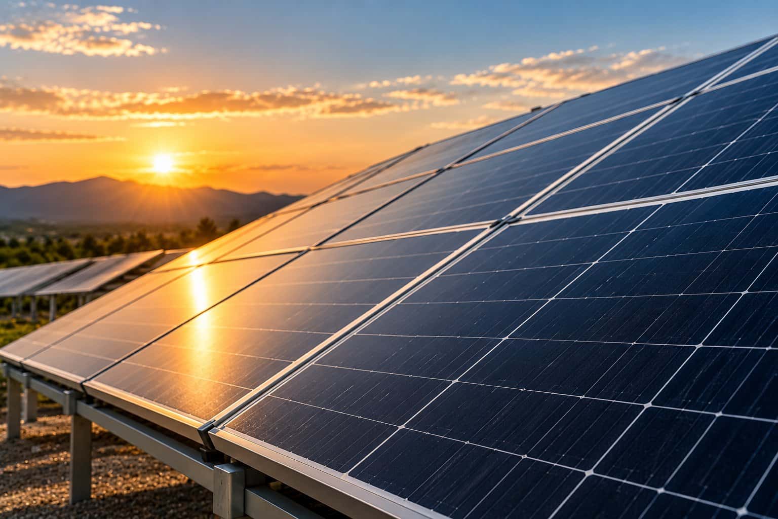 Solar panels at sunset
