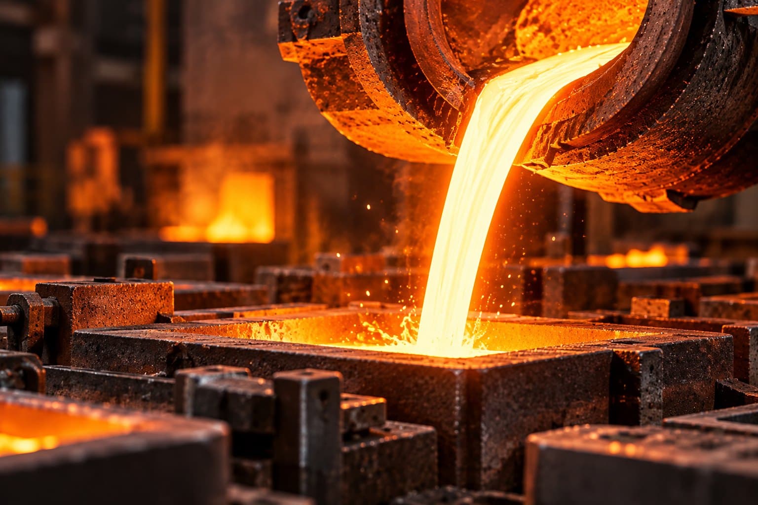 Molten metal being poured into sand moulds in a foundry